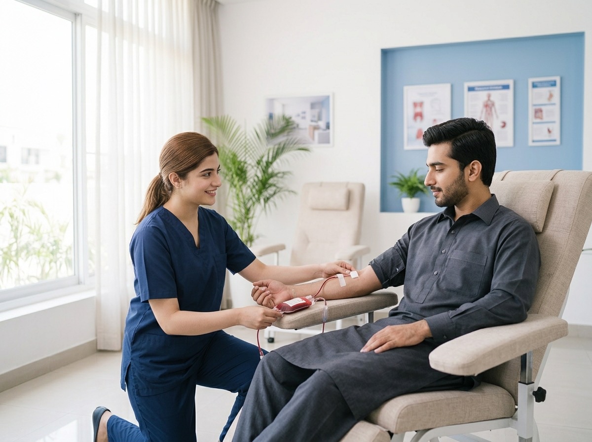 A young man donating blood with a nurse beside him