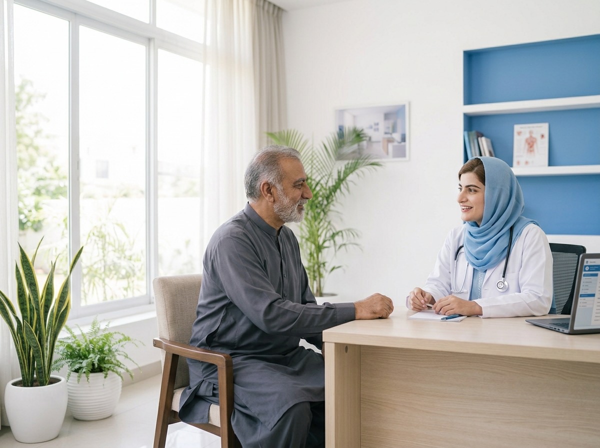 A doctor talking with a patient in a consultation room