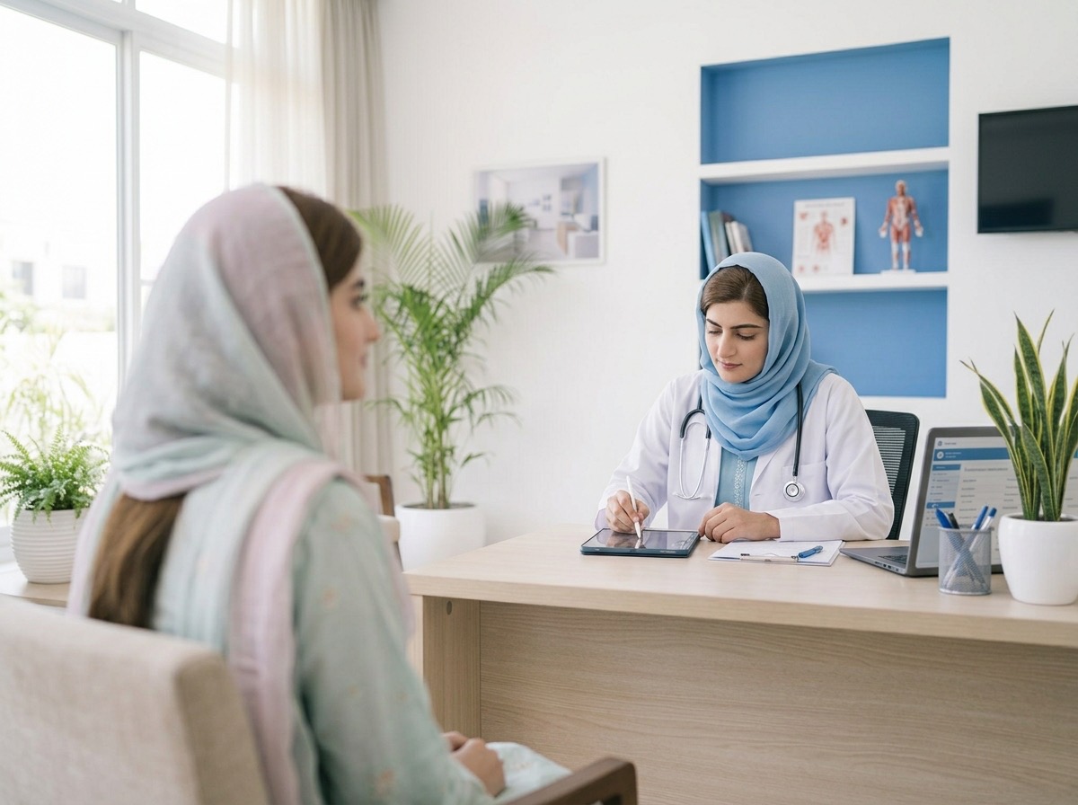 A doctor recording visit notes on a tablet during a consultation
