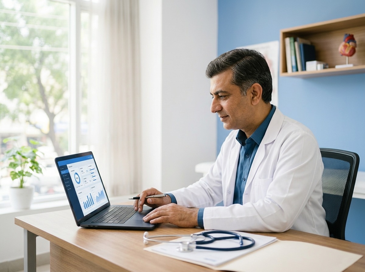 A doctor reviewing his practice dashboard on a laptop