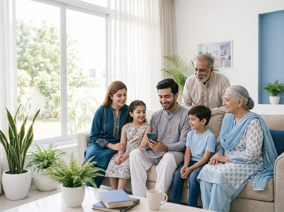 A multi-generational family together at home
