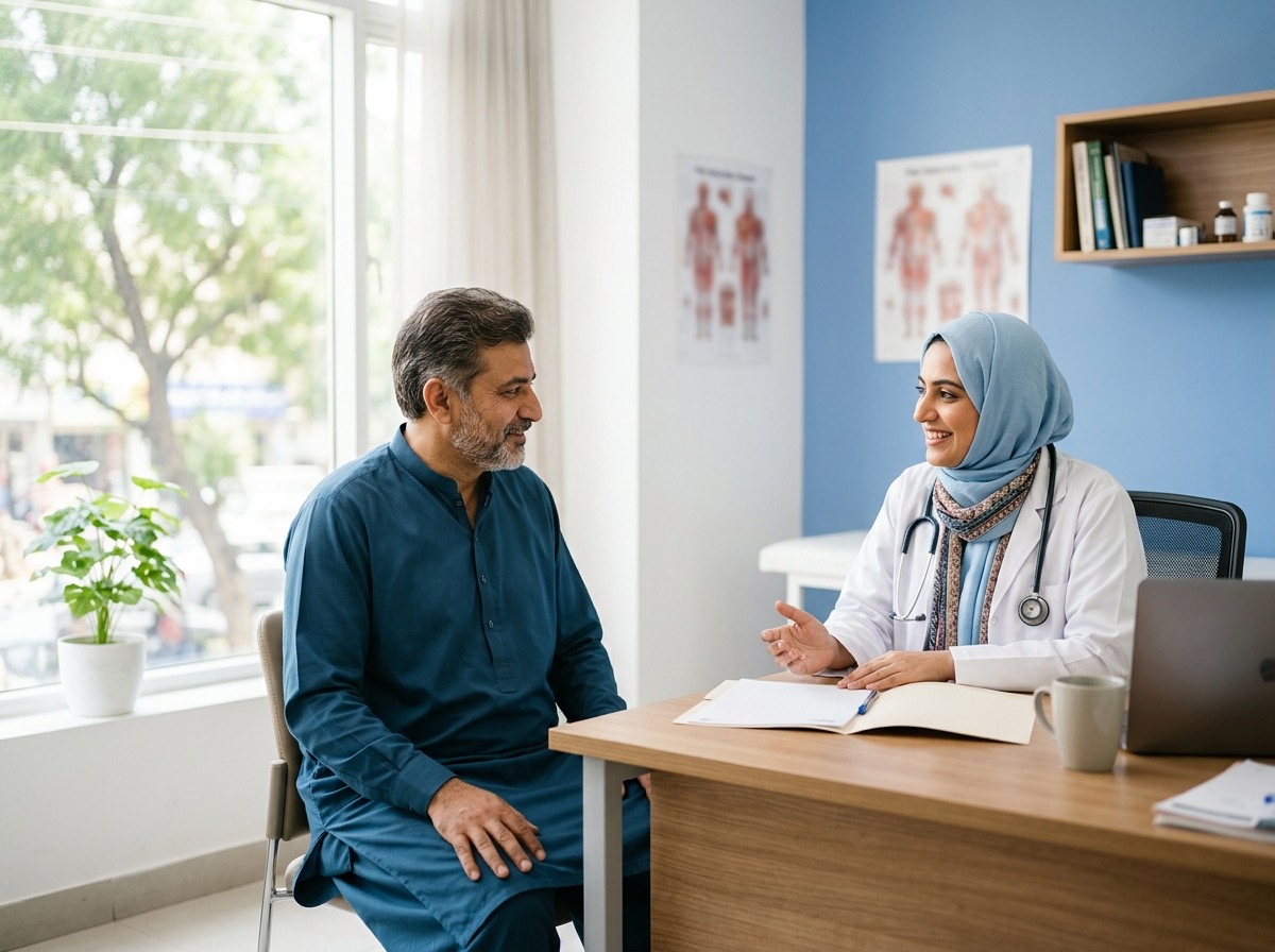 A doctor in a white coat talking with a patient in a bright clinic