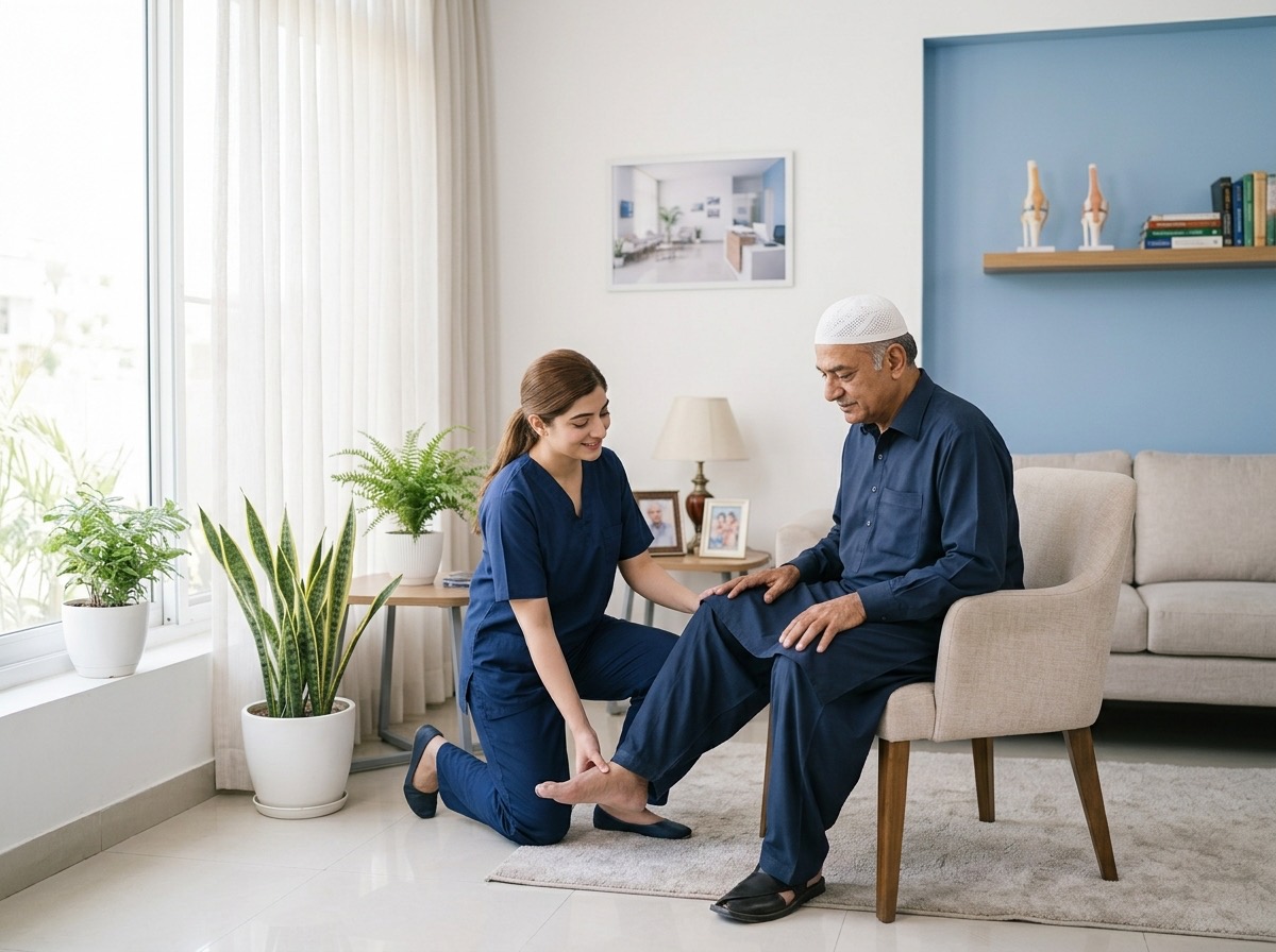 A physiotherapist helping an elderly man exercise at home