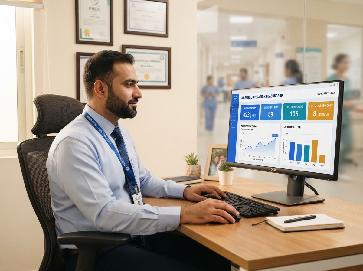 A hospital facility manager at his desk watching a live hospital operations dashboard