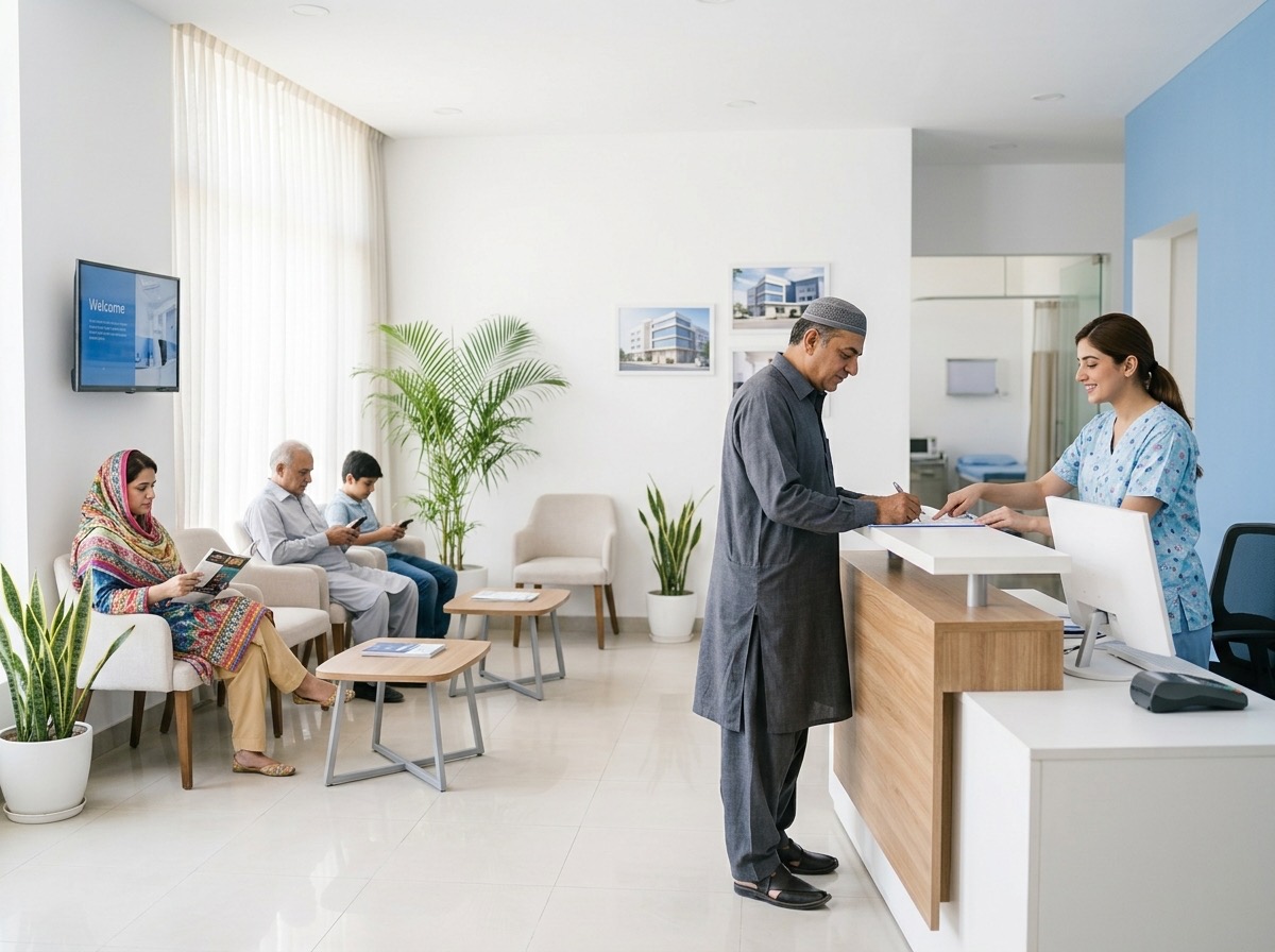 A hospital reception desk helping a patient