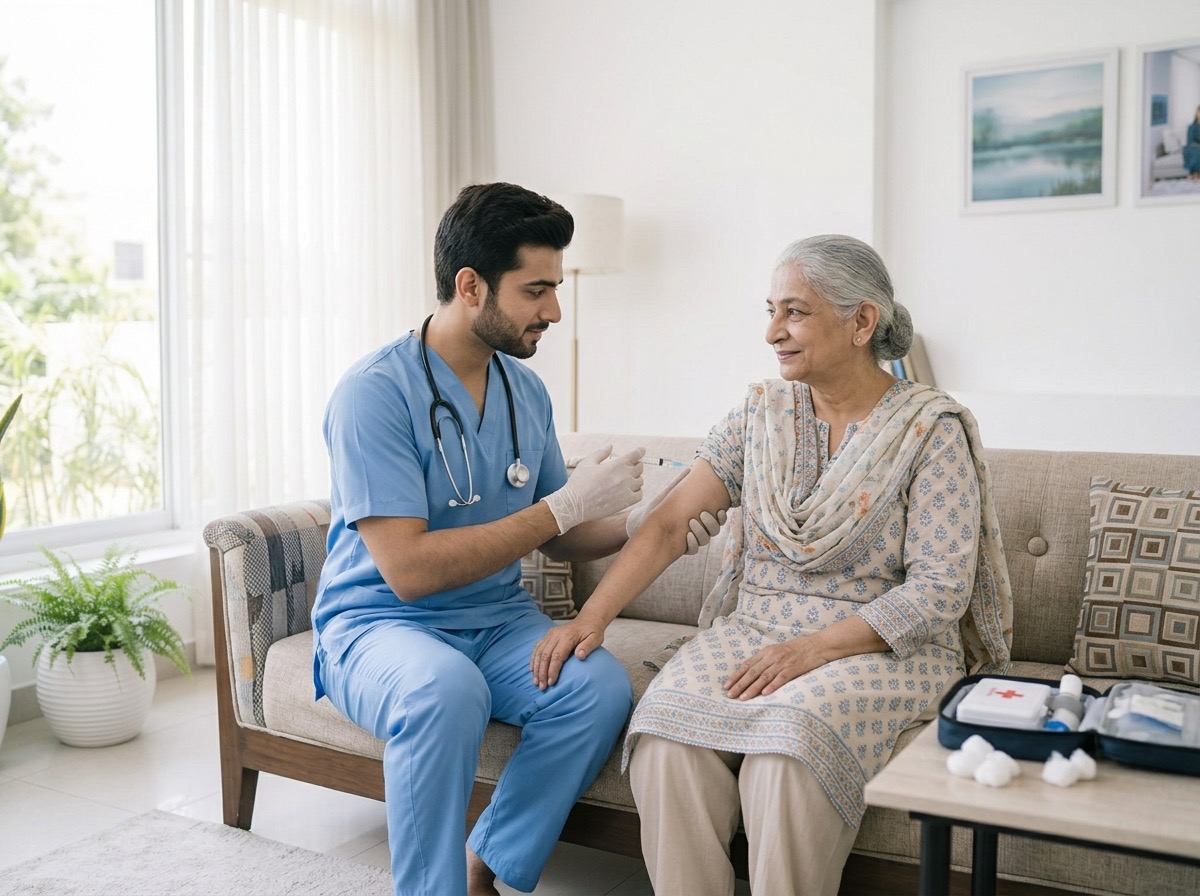 A nurse giving an elderly woman an injection at home