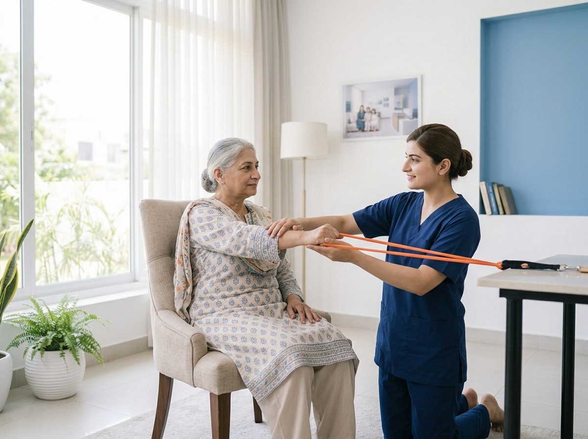 A physiotherapist guiding a shoulder exercise at home