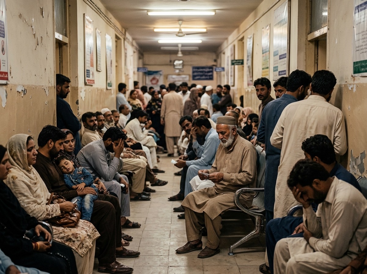 A crowded hospital waiting corridor with patients on benches