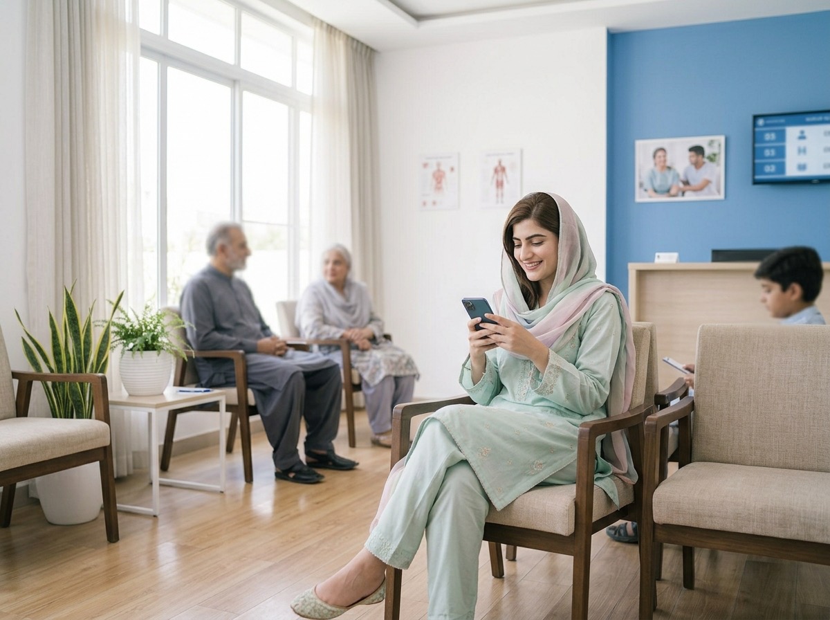 A patient checking her place in the queue on her phone in a clinic waiting area