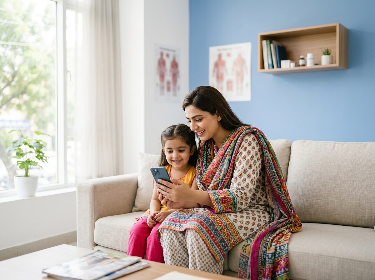 A mother and her daughter booking a doctor on a phone