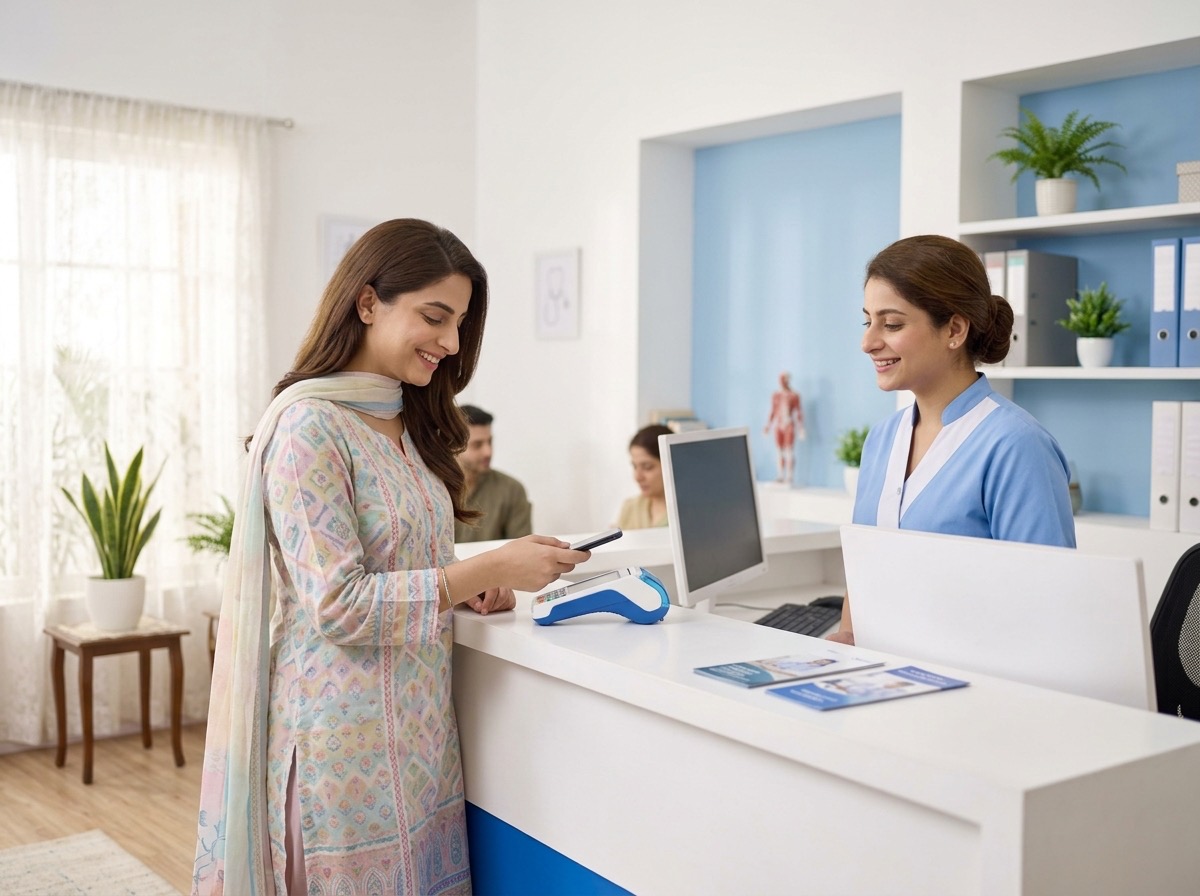 A patient paying a consultation fee with her phone at a clinic counter