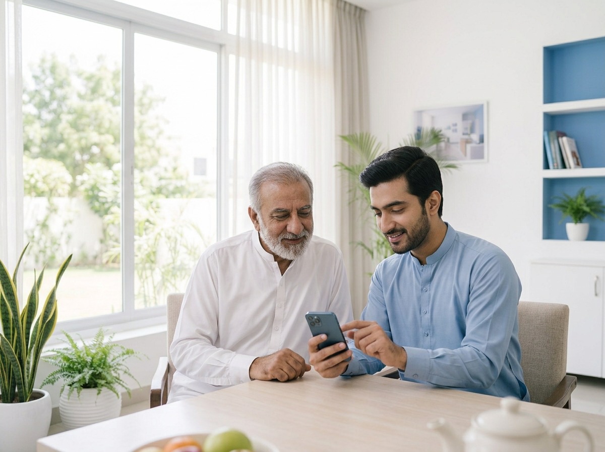 A son showing his father a prescription on a phone