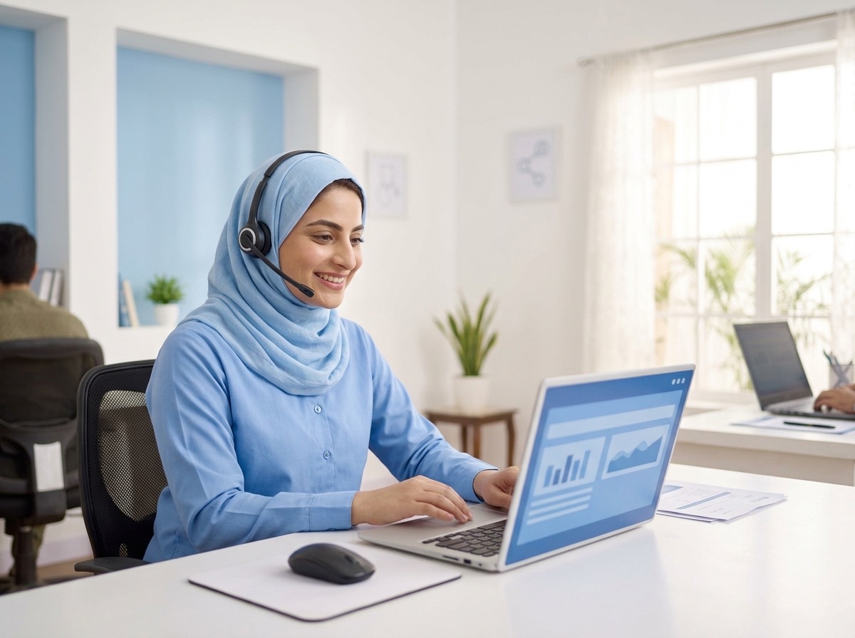 A DocGini support agent with a headset helping a caller
