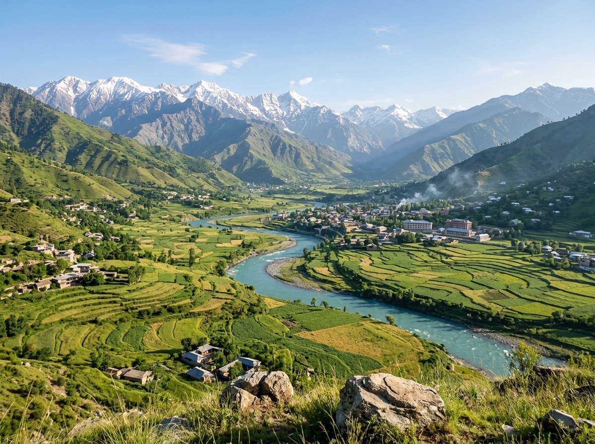 The green Swat valley with a river and snow-capped mountains