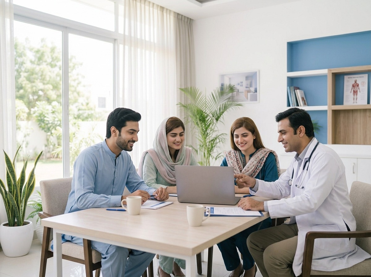 The DocGini team working together around a laptop